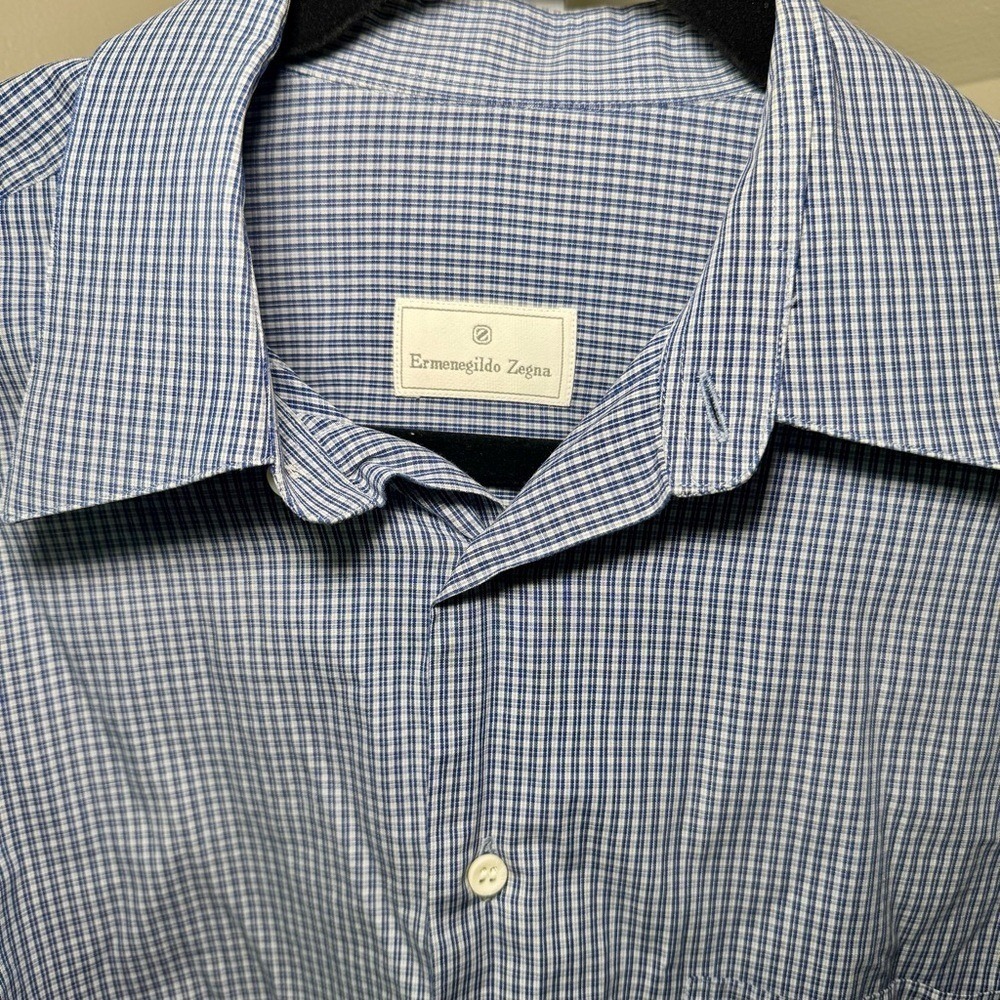 Ermenegildo Zegna Blue Check Button Front Long Sleeve Cotton Dress Shirt XXL‎